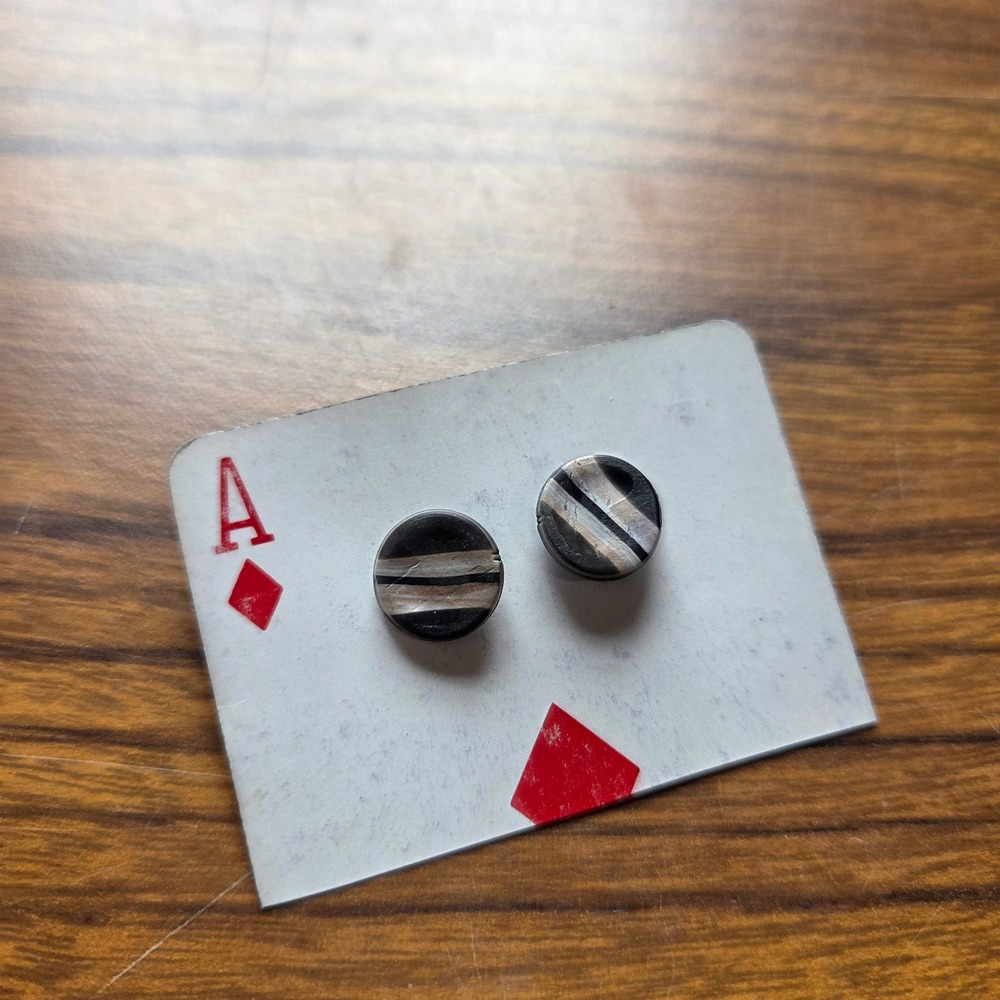 Handmade Striped Round Stud Earrings Black Tan White Neutral Post Backs